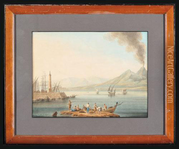 Pescatori Nel Golfo Di Napoli, Con Molo E Il Vesuvio Sullo Sfondo Oil Painting - Johann Gottlieb Hackert