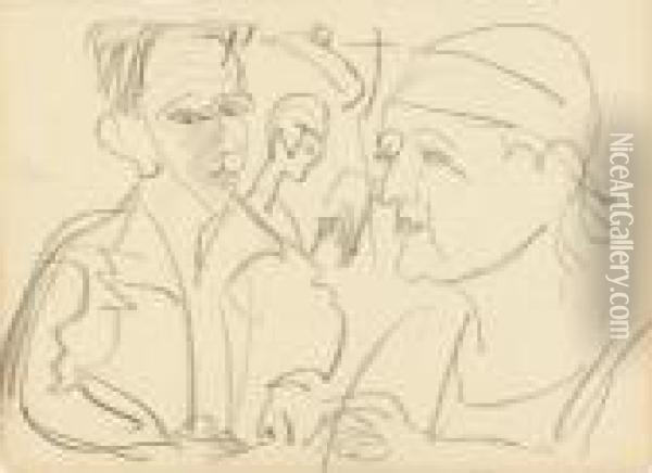 Gruppe Von Drei Sich Unterhaltenden Personen, Brustbilder Oil Painting - Ernst Ludwig Kirchner