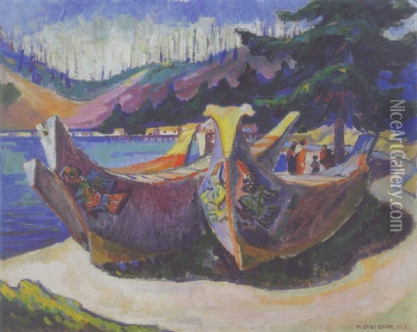 War Canoes, Alert Bay Oil Painting - Emily Carr