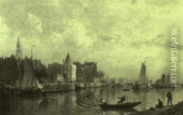 Old Amsterdam, The Schryers Tower Seen From The East Dock Oil Painting - Cornelis Christiaan Dommelshuizen