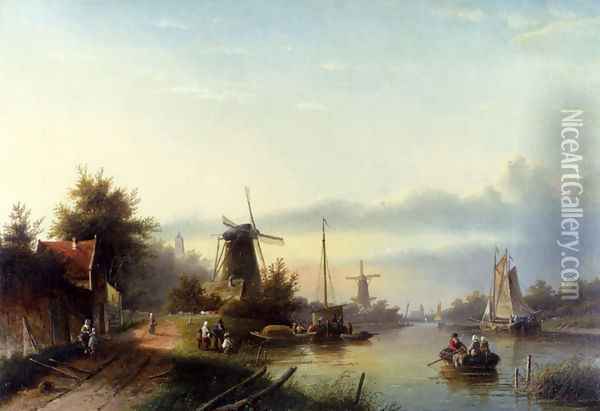 Boats On A Dutch Canal Oil Painting - Jan Jacob Coenraad Spohler