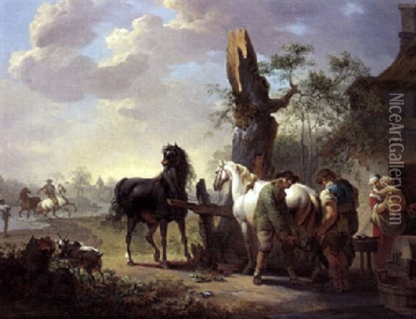 Landskab Med Heste Og Personer Ved En Smedie Oil Painting - Christian August Lorentzen