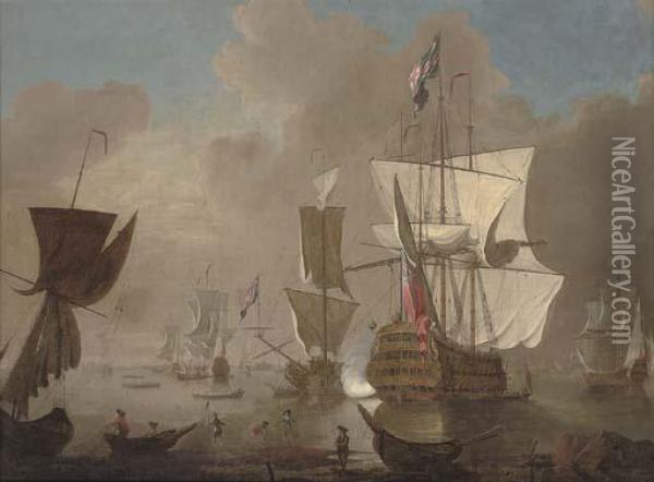 A Flagship Arriving At Her Anchorage In The Nore And Announcing Her Arrival With A Salute Oil Painting - Thomas Leemans