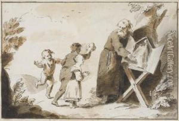 A Landscape With A Cleric Showing Three Children An Ex Voto Of Thevirgin And Child Oil Painting - Pietro Antonio Novelli