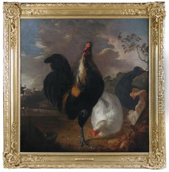 A Cockerel And Hens In A Classical Landscape Oil Painting - Melchior de Hondecoeter