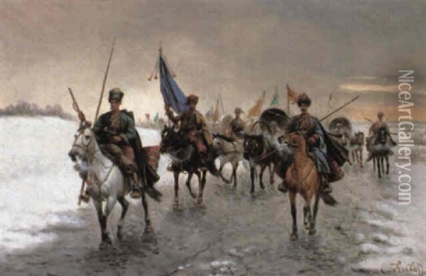 Cossacks In A Winter Landscape Oil Painting - Adolf (Constantin) Baumgartner-Stoiloff