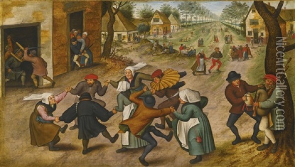 A Village Street With Peasants Dancing Oil Painting - Pieter Brueghel the Younger