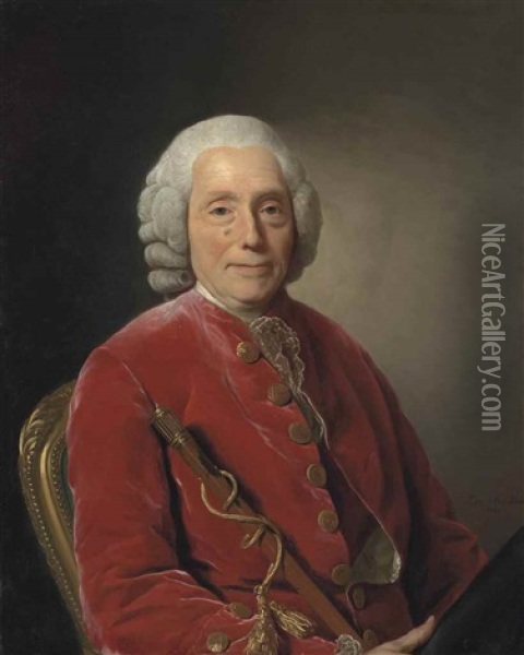 Portrait Of Adrien Jacques Puissant (1699-1782), Half-length, In A Red Velvet Coat With Gold Buttons And A Lace Cravat Oil Painting - Alexander Roslin