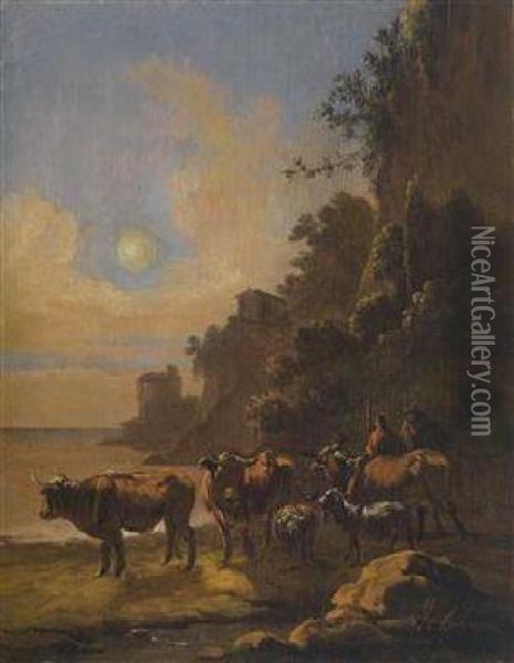 Shepherds At A Ford And The Flight Into Egypt Oil Painting - Adam Colonia