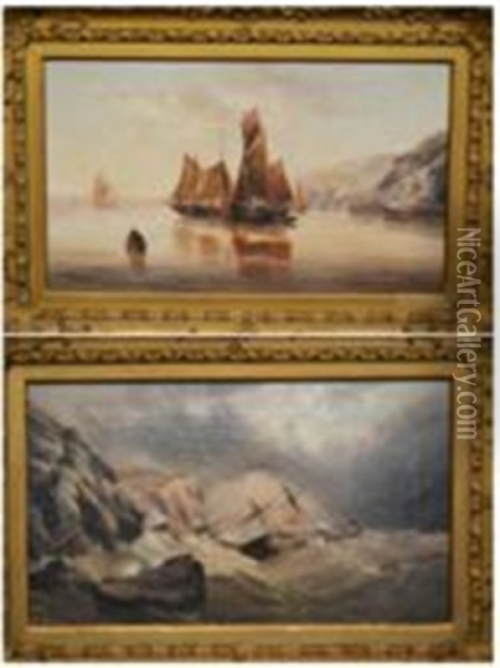 Figures In Fishing Boats Off A Coastline; Dismasted Vessel In A Stormy Sea Off A Coastline (pair) Oil Painting - Edward King Redmore