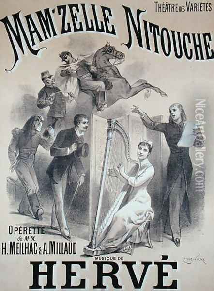 Poster advertising the production of 'Mam'zelle Nitouche', an operetta written by Meilhac and Millaud with music by Herve (1826-92), at the Theatre des Varietes, Paris, 1883 Oil Painting - Antonin Marie Chatiniere