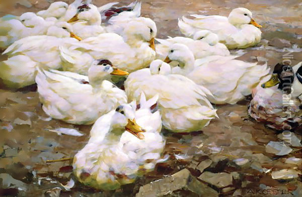 Ducks on a pond Oil Painting - Alexander Max Koester