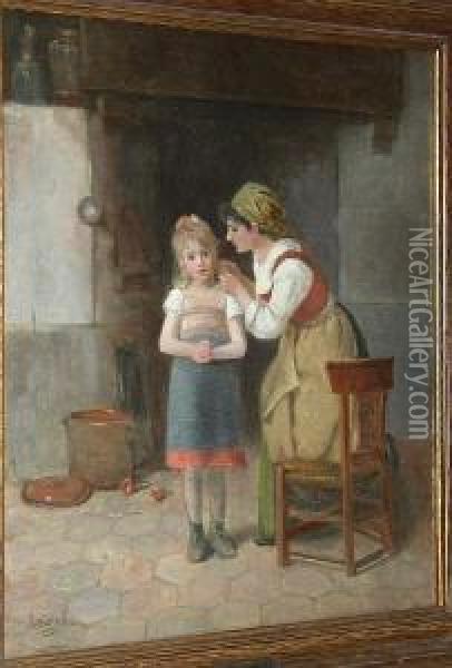 A Mother Braiding Her Daughter's Hair Oil Painting - Paul Seignac