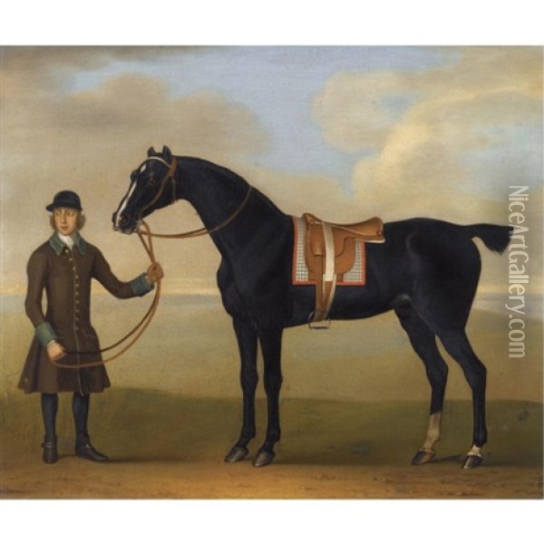 The Black Racehorse "molotto" Held By A Groom Oil Painting - James Seymour