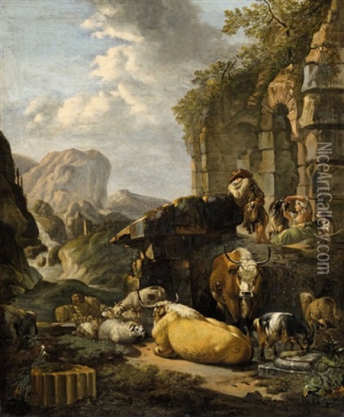 Southern Landscape With Herdsmen And Cattle Oil Painting - Johann Heinrich Roos