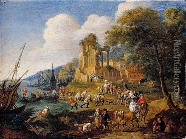 Fishermen Landing Their Catch, With Travellers On A Road Before A Classical Ruin And A Town Oil Painting - Pieter Bout