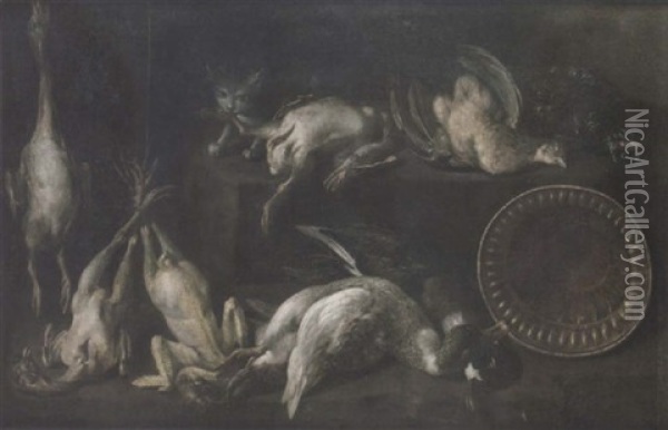 A Game Larder With A Hanging Duck And Chickens, With Duck, A Copper Bowl And Game Birds On A Ledge With A Cat Stealing A Chicken Oil Painting - Bartolomeo Arbotori