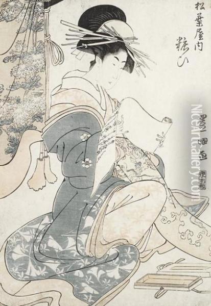 The Courtesan Yosooi Seated In Front Of A Kimonogake Oil Painting - Toyokuni
