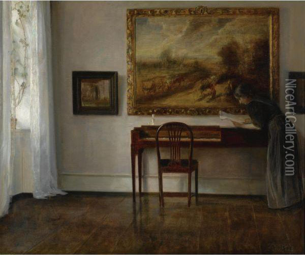 Interior Og Maleri (interior With Painting) Oil Painting - Carl Vilhelm Holsoe