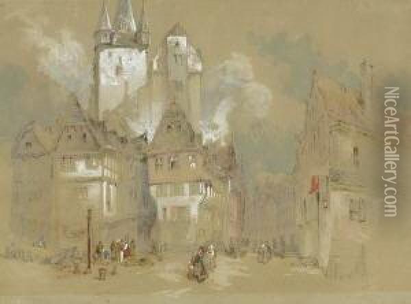 Strasenszene In Einer
 Mittelalterlichen Stadt. Oil Painting - William Clarkson Stanfield