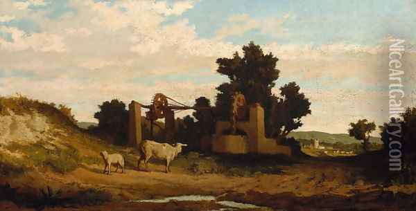 Landscape with Sheep and Old Well, c.1857 Oil Painting - Elihu Vedder