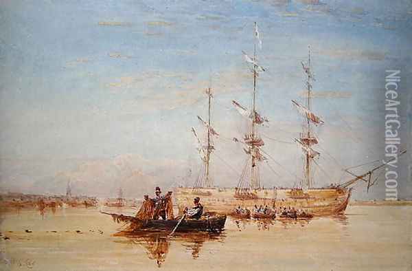 A Man-o'-War at Anchor in the Thames Oil Painting - David Cox