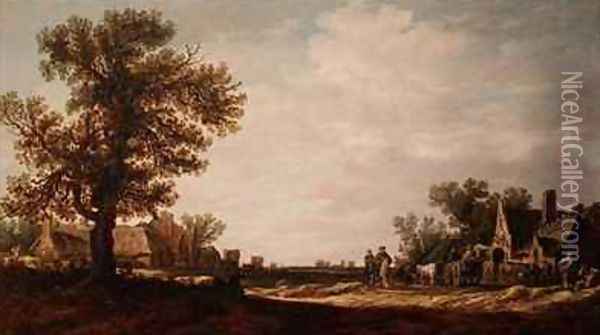 Village Scene with Horses and Carts Oil Painting - Jan van Goyen