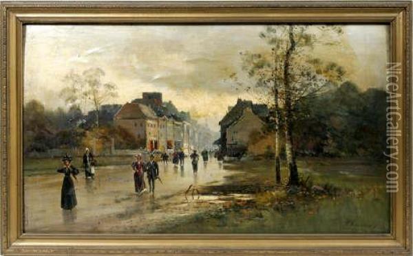 Street Scene In Rain Oil Painting - Paul R. Koehler