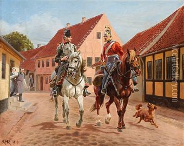 Dragon Officer And A Guard Hussar In A Street In Aarhus, Denmark Oil Painting - Karl Frederik Christian Hansen-Reistrup