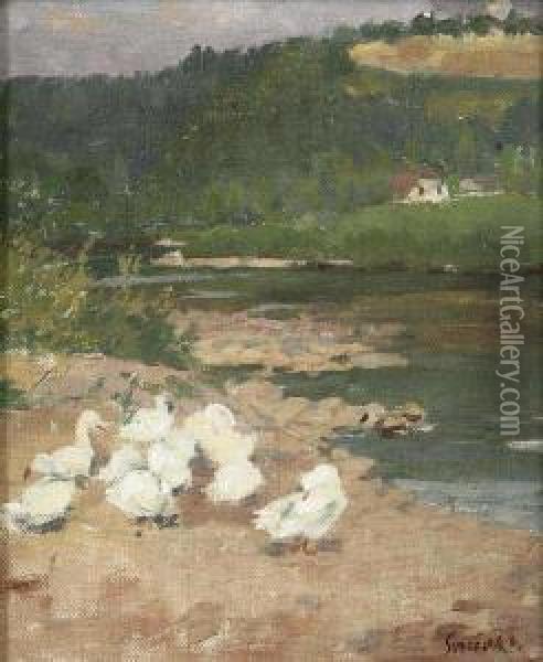 Geese By A Brook Oil Painting - Vaclav Soucek