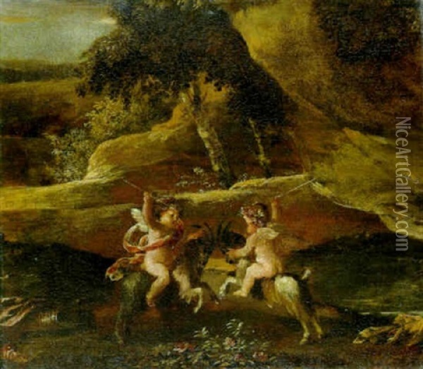 Putti Fighting On Goats Oil Painting - Nicolas Poussin
