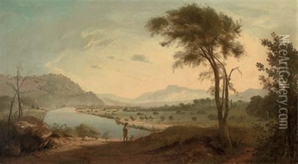 View Of The Valley Of The Lune, With The Lune River, Lancaster, And A Figure With His Dog In The Foreground Oil Painting - George Smith of Chichester