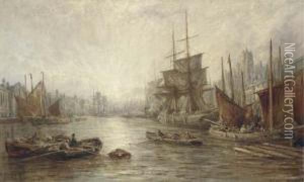 Fishing Boats In The Harbour At Dordrecht, Sunset Oil Painting - William Edward Webb