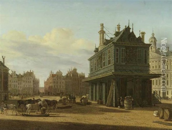The Dam And The Town Hall, Amsterdam, With Horses And Sledges By The Waag Oil Painting - Paulus Constantijn la (La Fargue) Fargue