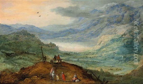 An Extensive Mountainous Landscape With Figures On A Path, A River Valley Beyond Oil Painting - Philips de Momper the Elder