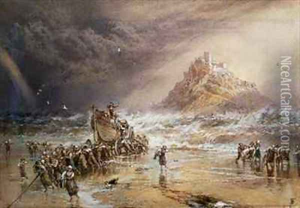 The Return of the Life Boat with St Michaels Mount in the Distance Oil Painting - Myles Birket Foster