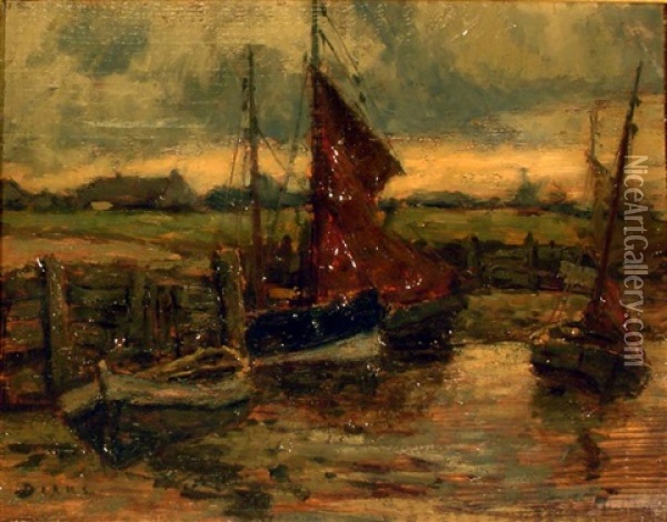 Vor Anker Liegende Segelboote Auf Einem Hollandischen Kanal Oil Painting - Andreas Dirks