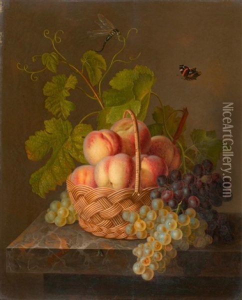 Stilleben Mit Fruchten In Einem Korb Auf Einer Steinplatte Oil Painting - Antoine Berjon