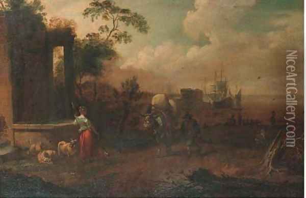 A Shepherdess and a muleteer by a wall, a harbour beyond Oil Painting - Michiel Carree