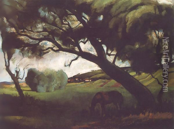 Landscape with Horse 1920 Oil Painting - Istvan Desi-Huber