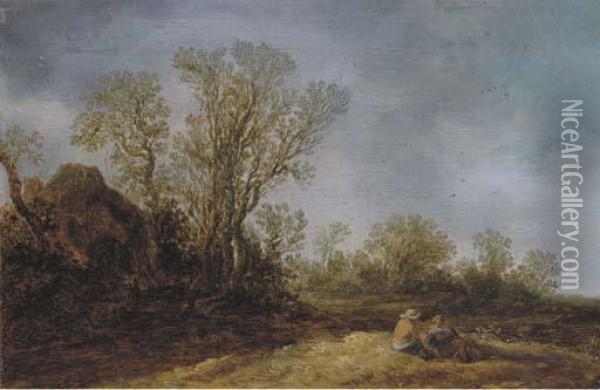 Two Peasants Resting In A Wooded Landscape, A Cottage Nearby Oil Painting - Jan van Goyen