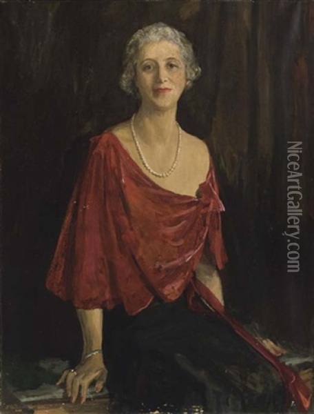 Portrait Of Madame Max Porges In A Red Shawl And Black Dress Oil Painting - John Lavery