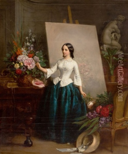 Woman Flower Painter At The Easel (almost Certainly A Portrait Of His Sister Suzanne-estelle Beranger-apoil) Oil Painting - Jean Baptiste Antoine Emile Beranger