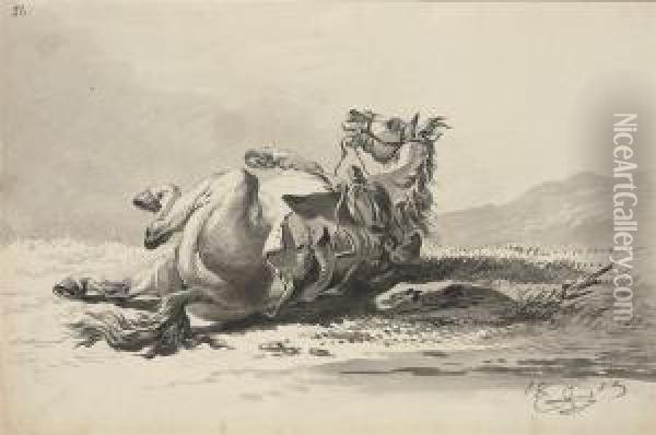 Stallion Rolling; With Saddle Oil Painting - Alexander Ossipovitch Orlovsky
