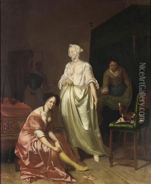 An Interior With Two Elegant Ladies Making Their Toilet Together With A Maid Making The Bed And A Dog On A Chair Oil Painting - Jacob Ochtervelt
