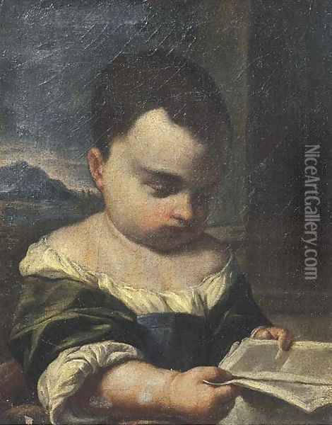 A young girl reading a book, a landscape beyond Oil Painting - Antonio Amorosi