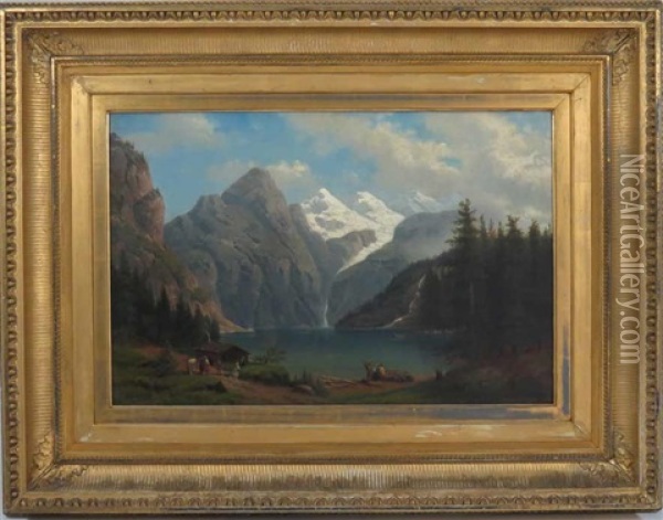 Landscape With People By Mountain Lake Oil Painting - Henry Lewis