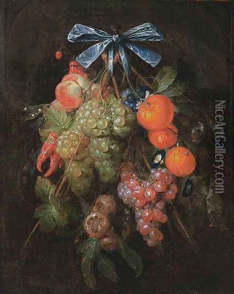 Festoon with Fruit and Flowers 1650s Oil Painting - Cornelis De Heem