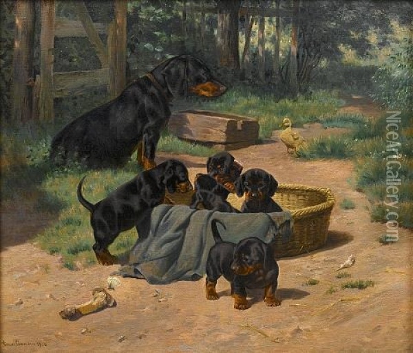 "witte" Med Sine Hvalpe ("witte" And Her Puppies) Oil Painting - Simon Simonsen