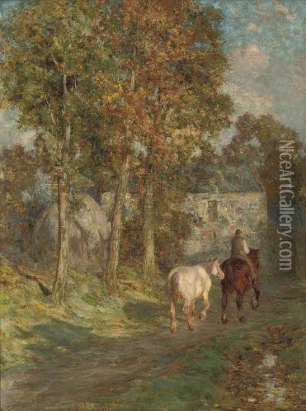 A Figure With Two Horses On A Wooded Path Oil Painting - Duncan Maclaurin